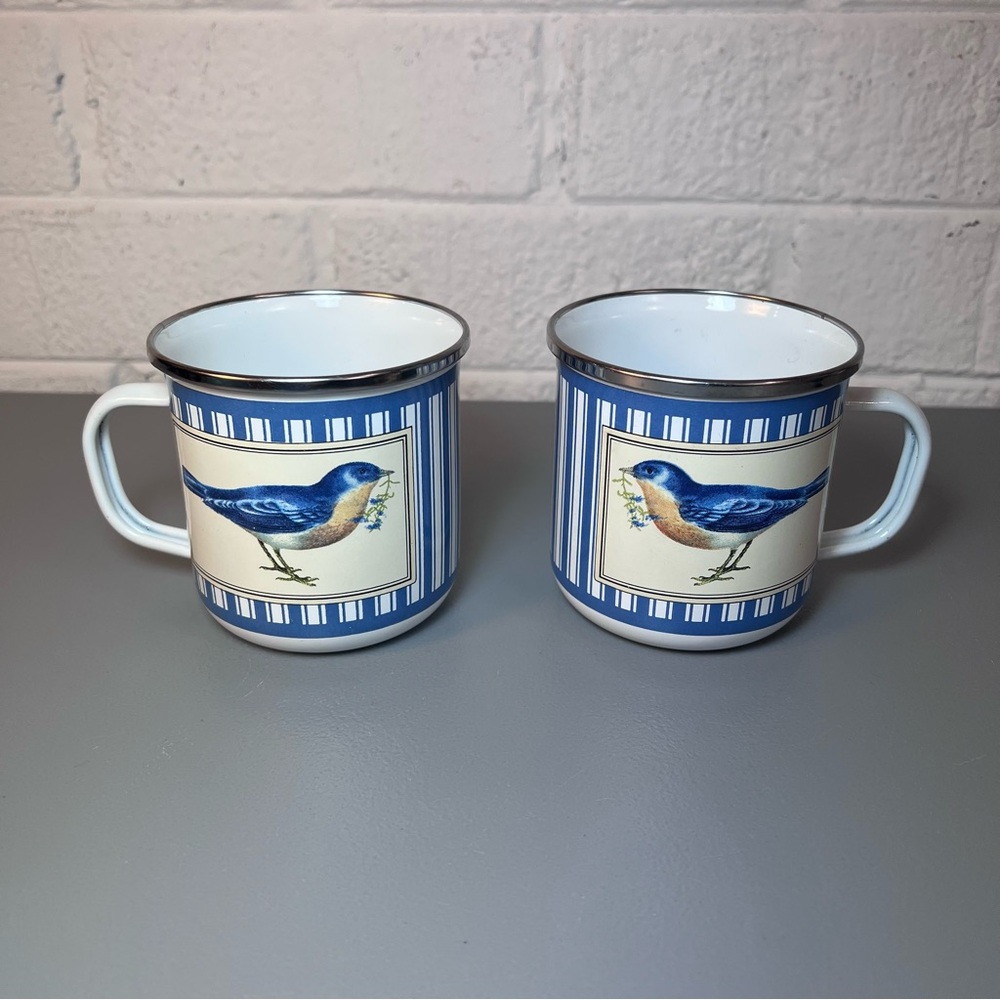 Set Of 2 RARE   ENAMEL Bird TEA COFFEE CUPS Blue Stripes Silver Design 3.5”